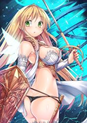 Rule 34 | 1girl, armor, ass, bare shoulders, bikini armor, black panties, blonde hair, breasts, chestnut mouth, cleavage, cleavage cutout, clothing cutout, detached collar, electricity, electrified shield, electrified sword, electrified weapon, energy, green eyes, highres, kantarou (nurumayutei), lace, lace-trimmed legwear, lace trim, large breasts, long hair, looking back, open mouth, original, panties, rapier, sheath, shield, shiny skin, solo, sword, thighhighs, thong, tiara, underwear, very long hair, weapon, white thighhighs, wings