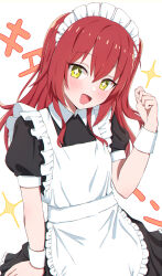 Rule 34 | + +, 1girl, absurdres, akazaki yukino, apron, black dress, blush, bocchi the rock!, commentary, dress, frilled apron, frills, green eyes, highres, kita ikuyo, long hair, looking at viewer, maid, maid apron, maid headdress, open mouth, puffy short sleeves, puffy sleeves, red hair, short sleeves, sidelocks, simple background, smile, solo, sparkle, white background, white wrist cuffs, wrist cuffs