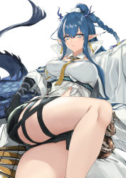 Rule 34 | 1girl, arknights, black shorts, blazingchaos, blue eyes, blue hair, braid, braided ponytail, breasts, coat, crossed legs, detached collar, dragon girl, dragon horns, dragon tail, earrings, highres, horns, jewelry, large breasts, ling (arknights), long hair, looking at viewer, necktie, open clothes, open coat, pointy ears, shirt, short shorts, shorts, simple background, smile, solo, strapless, strapless shirt, tail, thigh strap, thighs, underbust, very long hair, white background, white coat, white shirt, yellow necktie