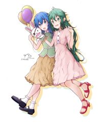 2girls aqualeb balloon blue_eyes blue_hair blush breasts date_a_live dress green_eyes green_hair himekawa_yoshino kyouno_natsumi long_hair multiple_girls small_breasts yoshinon