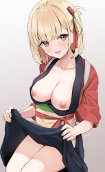 Rule 34 | 1girl, black skirt, blonde hair, blush, breasts, breasts out, collarbone, hair ribbon, highres, japanese clothes, kaetzchen, kimono, long sleeves, looking at viewer, lycoris recoil, medium breasts, nipples, nishikigi chisato, obi, open mouth, red eyes, red kimono, red ribbon, ribbon, sash, short hair, skirt, smile, solo, thighs