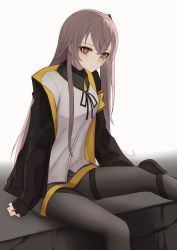 Rule 34 | 1girl, black gloves, black jacket, black pantyhose, blush, breasts, brown eyes, brown hair, closed mouth, feet out of frame, fingerless gloves, girls&#039; frontline, gloves, grey skirt, highres, jacket, knee pads, long hair, long sleeves, looking at viewer, neck ribbon, open clothes, open jacket, pantyhose, ribbon, scar, scar across eye, shirt, side ponytail, simple background, single knee pad, sitting, skirt, small breasts, solo, thomas 8000, ump45 (girls&#039; frontline), white background, white shirt