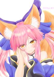 Rule 34 | 1girl, animal ear fluff, animal ears, bare shoulders, blue bow, bow, closed mouth, commentary request, dated, detached sleeves, eyes visible through hair, fate/extra, fate (series), fox ears, fox girl, fox tail, hair bow, hand on another&#039;s hand, highres, light blush, long hair, long sleeves, looking at viewer, lovestruck, pink hair, pov, pov adoring, pov hands, sidelocks, smile, solo focus, split ponytail, tail, tamamo (fate), tamamo no mae (fate/extra), upper body, white background, wide sleeves, winsankemonodou, yellow eyes
