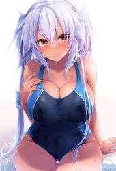 Rule 34 | 1girl, absurdres, black one-piece swimsuit, blue one-piece swimsuit, blush, breasts, cleavage, collarbone, dark-skinned female, dark skin, dated, hair between eyes, hair ribbon, hand on own chest, highres, kantai collection, large breasts, light brown hair, looking at viewer, mashiro yukiya, musashi (kancolle), musashi kai ni (kancolle), nail polish, one-piece swimsuit, platinum blonde hair, poolside, red eyes, ribbon, short hair with long locks, signature, sitting, smile, solo, swimsuit, twintails, two-tone swimsuit, two side up, water