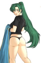Rule 34 | 1girl, absurdres, ass, black gloves, black panties, black shirt, blue dress, blush, commentary, dress, unworn dress, earrings, feet out of frame, fire emblem, fire emblem: the blazing blade, from behind, gloves, green eyes, green hair, hair between eyes, highres, jewelry, long hair, looking at viewer, looking back, lyn (fire emblem), nintendo, open mouth, panties, ponytail, shirt, short sleeves, solo, standing, thighs, transparent background, tridisart, underwear, undressing, very long hair