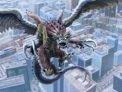 Rule 34 | alien, beak, beast the one, blue eyes, building, car, city, claws, conjoined, day, feathers, flying, forked tail, giant, giant monster, glowing, glowing eyes, highres, kaijuu, looking at viewer, monster, motor vehicle, multiple heads, no pupils, open mouth, road, sharp teeth, skyscraper, space monster, spikes, tail, teeth, tree, tsuburaya productions, ultra series, ultraman: the next, uninori, wings, yellow eyes