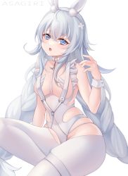 Rule 34 | 1girl, absurdres, animal ear fluff, animal ears, artist name, asagiri ai, azur lane, bare shoulders, between breasts, blue eyes, breasts, choker, covered navel, crossed bangs, crossed legs, fake animal ears, frilled sleeves, frills, hair ornament, hand up, headband, highres, le malin (azur lane), le malin (listless lapin) (azur lane), leotard, o-ring, o-ring choker, official alternate costume, open mouth, pantyhose, playboy bunny, revealing clothes, simple background, sitting, small breasts, solo, stomach, symbol-shaped pupils, thigh gap, thighhighs, white background, white hair, white headband, white thighhighs, wrist cuffs