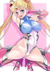 Rule 34 | 1girl, absurdres, aqua eyes, arion canvas, armpits, arms behind head, arms up, bishoujo senshi sailor moon, blonde hair, blue leotard, bow, breasts, circlet, covered erect nipples, double bun, earrings, elbow gloves, gloves, hair bun, high heels, highleg, highleg leotard, highres, jewelry, large breasts, leotard, long hair, pink gloves, pink thighhighs, revision, sailor moon, solo, split, spread legs, stud earrings, taimanin (series), taimanin suit, thighhighs, tsukino usagi, twintails, two-tone leotard, very long hair, white leotard