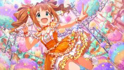 Rule 34 | blue eyes, brown hair, idolmaster, idolmaster million live!, idolmaster million live! theater days, microphone, official art, open mouth, stage lights, star (symbol), takatsuki yayoi, twintails