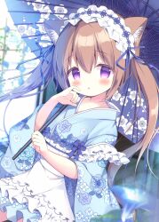 Rule 34 | 1girl, animal ear fluff, animal ears, apron, azumi kazuki, blue flower, blue kimono, blue ribbon, blurry, blurry background, blurry foreground, brown hair, cat ears, commentary request, depth of field, floral print, flower, frilled apron, frills, hair between eyes, hair ribbon, highres, holding, holding umbrella, japanese clothes, kimono, long sleeves, looking at viewer, original, parted lips, print kimono, print umbrella, purple eyes, purple umbrella, ribbon, solo, twintails, umbrella, white apron, wide sleeves