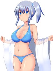 Rule 34 | 1girl, absurdres, bikini, blue bikini, blue eyes, blush, breasts, cleavage, collarbone, highres, large breasts, long hair, looking at viewer, navel, open clothes, open mouth, rethnick, shirt, side ponytail, silver hair, solo, sura shrine maiden, swimsuit, thighs, white shirt