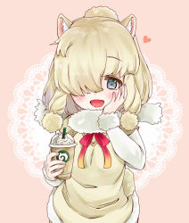 Rule 34 | 10s, 1girl, :d, alpaca ears, alpaca tail, animal ears, blonde hair, blush, bow, bowtie, coffee cup, cream, cup, disposable cup, drinking straw, fur-trimmed sleeves, fur collar, fur trim, hair bun, hair over one eye, hand on own cheek, hand on own face, heart, highres, holding, holding cup, japari symbol, kemono friends, lace background, layered sleeves, long sleeves, looking at viewer, megumi 222, open mouth, pink background, red bow, red bowtie, short over long sleeves, short sleeves, single hair bun, smile, solo, tail, vest