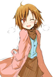 Rule 34 | 1girl, ;d, ahoge, blue shirt, blush, breath, brown eyes, brown hair, brown skirt, buttons, chata maru (irori sabou), coat, cowboy shot, flat chest, hands in pockets, looking at viewer, one eye closed, open clothes, open coat, open mouth, shirt, short hair, simple background, skirt, smile, solo, unbuttoned, white background, wink