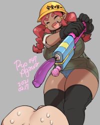 Rule 34 | 1girl, 2021, agawa ryou, black thighhighs, breasts, closed eyes, commentary, dark skin, dildo, english commentary, grey background, hard hat, helmet, huge breasts, imminent penetration, original, pointy ears, red hair, sex toy, simple background, smile, sweat, thick thighs, thighhighs, thighs