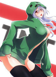 Rule 34 | 1girl, arched back, bad id, bad pixiv id, black thighhighs, breasts, charged creeper, creeparka, creeper, explosive, hood, hoodie, large breasts, leaning forward, light purple hair, long hair, looking at viewer, minecraft, naked hoodie, open clothes, open hoodie, open mouth, red eyes, silver hair, solo, taletale, thighhighs, tnt, tongue, tongue out
