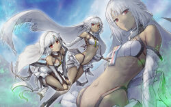 Rule 34 | 152 in can, 1girl, absurdres, altera (fate), bare shoulders, breasts, closed mouth, commentary request, dark-skinned female, dark skin, detached collar, detached sleeves, fate/extella, fate/extra, fate/grand order, fate (series), full-body tattoo, headdress, highres, invisible chair, looking at viewer, midriff, multiple views, navel, red eyes, short hair, sitting, small breasts, smile, stomach, straight hair, tattoo, white hair, white sleeves