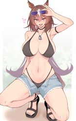 Rule 34 | 1girl, absurdres, alternate costume, animal ears, black footwear, breasts, brown hair, cleavage, commentary request, denim, denim shorts, dog tags, ear ornament, eyewear on head, hair between eyes, highres, himuraanzu, horse ears, horse girl, horse tail, jewelry, large breasts, long hair, looking at viewer, multicolored hair, navel, necklace, open fly, open mouth, outdoors, red eyes, sandals, shorts, sirius symboli (umamusume), smile, solo, spread legs, streaked hair, sunglasses, tail, tongue, tongue out, umamusume, very long hair, white hair