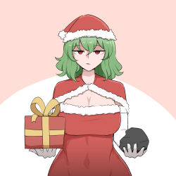 Rule 34 | 1girl, breasts, capelet, cleavage, coal, commentary, english commentary, fur trim, gift, green hair, hat, highres, holding, holding gift, kazami yuuka, large breasts, looking at viewer, mata (matasoup), red capelet, red eyes, red hat, santa costume, santa hat, short hair, solo, touhou, two-tone background
