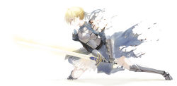 Rule 34 | 1girl, armor, armored boots, artoria pendragon (fate), blonde hair, blue dress, blue ribbon, boots, dress, excalibur (fate/stay night), fate/stay night, fate (series), from side, full body, hair between eyes, hair ribbon, highres, holding, holding sword, holding weapon, muike, on one knee, ribbon, saber (fate), short hair, simple background, solo, sword, torn clothes, torn dress, weapon, white background