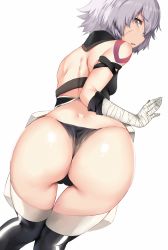 Rule 34 | 1girl, ass, bandages, bare shoulders, brown eyes, curvy, fate/apocrypha, fate/grand order, fate (series), female focus, from behind, hews, huge ass, jack the ripper (fate/apocrypha), midriff, panties, scar, shiny skin, short hair, silver hair, solo, thighhighs, thong, underwear