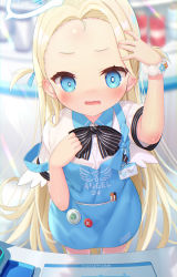 Rule 34 | 1girl, apron, arm up, black bow, blonde hair, blue apron, blue archive, blue eyes, blurry, blurry background, blush, bow, collared shirt, commentary request, depth of field, forehead, highres, indoors, long hair, looking at viewer, open mouth, shirt, short sleeves, solo, sora (blue archive), standing, striped, striped bow, sweat, two side up, very long hair, wavy mouth, white shirt, yano mitsuki (nanairo)