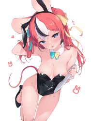 Rule 34 | 1girl, absurdres, animal ear fluff, animal ears, bare legs, bare shoulders, black hairband, black leotard, blue eyes, blush, bow, bowtie, breasts, detached collar, extra, fake animal ears, groin, hairband, hakos baelz, highres, holding, holding tray, hololive, hololive english, leotard, long hair, medium breasts, mouse ears, mouse girl, multicolored hair, namiorii, official alternate costume, playboy bunny, rabbit ears, red hair, simple background, solo, streaked hair, thighs, tray, virtual youtuber, white background