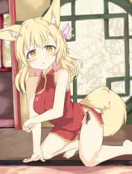 Rule 34 | :o, animal ears, bare arms, bare legs, bare shoulders, barefoot, blonde hair, breasts, china dress, chinese clothes, dress, flower, hair flower, hair ornament, highres, indoors, kneeling, large breasts, numahata tofu., red dress, tail, yellow eyes