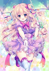 Rule 34 | 1girl, :d, argyle, argyle clothes, argyle legwear, blue ribbon, blue thighhighs, blush, bow, curly hair, floral background, frills, gloves, hair between eyes, hair ribbon, hand up, holding, holding umbrella, leg up, long hair, looking at viewer, mizuki yuuma, multicolored eyes, open mouth, original, outstretched arm, over-kneehighs, pink bow, pink ribbon, puffy short sleeves, puffy sleeves, purple bow, purple eyes, purple footwear, purple skirt, purple vest, ribbon, shoes, short sleeves, skirt, smile, solo, standing, standing on one leg, thighhighs, two side up, umbrella, vest, wavy hair, white gloves, yellow eyes