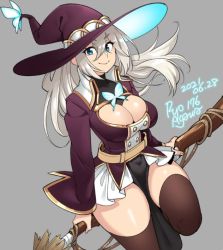 Rule 34 | 1girl, 2021, agawa ryou, blue eyes, breasts, broom, brown thighhighs, cleavage, commentary, dated, grey background, hat, large breasts, long hair, looking at viewer, original, signature, silver hair, smile, solo, thick thighs, thighhighs, thighs, witch hat