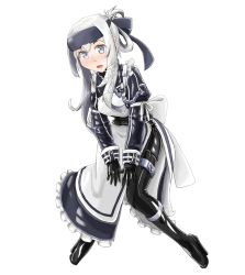 Rule 34 | 1girl, absurdres, adapted costume, ainu clothes, apron, bandana, black bodysuit, bodysuit, cropped jacket, folded ponytail, frilled apron, frills, full body, grey eyes, headband, highres, kamoi (kancolle), kantai collection, latex, latex bodysuit, long sleeves, looking at viewer, open mouth, pelvic curtain, sidelocks, simple background, solo, standing, thick eyebrows, viji, white apron, white background, white hair