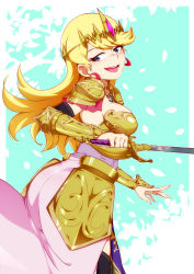 Rule 34 | 1girl, :d, armor, armored dress, ass, blonde hair, blue eyes, border, breasts, commentary, cosplay, cowboy shot, dress, earrings, english commentary, falling petals, green background, highres, hoop earrings, hyrule warriors, jcm2, jewelry, leni loud, light blush, long hair, looking at viewer, looking back, medium breasts, necklace, nintendo, no bra, open mouth, outside border, pauldrons, pendant, petals, pink dress, princess zelda, princess zelda (cosplay), round teeth, shoulder armor, simple background, skindentation, smile, solo, standing, sword, teeth, the legend of zelda, the loud house, tiara, two-tone background, vambraces, weapon, white background, white border