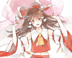 Rule 34 | 1girl, arms up, ascot, blanket, blush, brown hair, crop top, detached sleeves, hair ribbon, hair tubes, hakurei reimu, itak69, japanese clothes, long hair, long sleeves, looking at viewer, midriff, miko, navel, open mouth, petals, red eyes, ribbon, simple background, skirt, skirt set, smile, solo, touhou, upper body, white background, wide sleeves