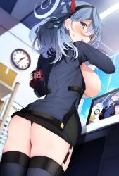 Rule 34 | 1girl, ako (blue archive), arm strap, ass, black garter straps, black hairband, black skirt, blue archive, blue eyes, blue hair, blue thighhighs, blush, breasts, clock, commentary request, from behind, garter straps, hair ornament, hairband, halo, highres, large breasts, long sleeves, looking at viewer, looking back, medium hair, nidaime (doronbo), open mouth, skirt, solo, thighhighs, thighs, window
