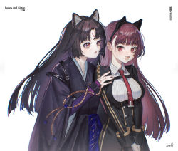 Rule 34 | ange-yi, animal ear fluff, animal ears, arknights, artist name, beads, black hair, black jacket, black kimono, blazer, blue scarf, blunt bangs, breasts, buttons, cat ears, character name, collarbone, commentary request, creator connection, dog ears, english text, eyebrows, eyelashes, fang, fingerless gloves, girls&#039; frontline, gloves, hair ornament, hand on another&#039;s chest, headband, highres, jacket, japanese clothes, kanji, kimono, large breasts, long hair, long jacket, long sleeves, looking at another, necktie, open mouth, outstretched arms, own hands together, pleated blazer, ponytail, purple eyes, purple hair, purple sleeves, red neckwear, saga (arknights), sanskrit, scarf, shirt, sidelocks, signature, simple background, surprised, sweat, sweatdrop, translation request, wa2000 (girls&#039; frontline), white background, white gloves, white shirt, white sleeves