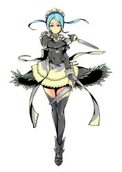 Rule 34 | 1girl, blue eyes, blue hair, bridal gauntlets, closed mouth, fire emblem, fire emblem fates, flora (fire emblem), full body, gem, hekichino toaru, holding, holding knife, juliet sleeves, knife, long sleeves, maid, maid headdress, nintendo, puffy sleeves, simple background, solo, standing, thighhighs, twintails, white background, zettai ryouiki