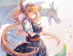 Rule 34 | 1girl, bad id, bad pixiv id, black dress, blonde hair, blush, breast hold, breasts, closed mouth, cowboy shot, dragon, dragon girl, dragon horns, dragon tail, dress, frills, gloves, glowing, glowing eye, gradient background, hair between eyes, horns, hoshizaki reita, index finger raised, kobayashi-san chi no maidragon, large breasts, long hair, looking at viewer, looking to the side, maid headdress, monster, orange background, petals, puffy short sleeves, puffy sleeves, red eyes, sash, scales, short sleeves, signature, slit pupils, smile, solo, standing, tail, tareme, tohru (maidragon), twintails, very long hair, white gloves