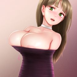 Rule 34 | 1girl, areola slip, bare shoulders, bound, breasts, brown hair, choker, collarbone, d:, furrowed brow, gradient background, green eyes, horiishi horuto, large breasts, open mouth, original, straight hair, teeth, tied up, white choker