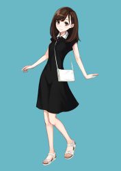 Rule 34 | 1girl, ashiya hiro, bag, between breasts, black dress, blue background, blush, breasts, brown eyes, brown hair, closed mouth, commentary request, dress, feet, highres, long hair, original, sandals, short sleeves, shoulder bag, simple background, small breasts, smile, solo, standing, standing on one leg, strap between breasts, toes, white footwear