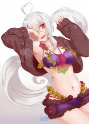 Rule 34 | 1girl, absurdres, ahoge, albino, alternate costume, bad id, bad pixiv id, bikini, bikini under clothes, blurry, cardigan, cowboy shot, cropped jacket, depth of field, eyebrows, flower, gradient background, grey background, hair between eyes, hand over eye, heart, heart ahoge, highleg, highleg bikini, highres, jewelry, leaf, lens flare, long hair, long sleeves, looking at viewer, low ponytail, mossan, nail polish, navel, necklace, one eye covered, open mouth, ponytail, purple bikini, purple shorts, red eyes, seaweed, short shorts, shorts, signature, silver hair, solo, sparkle, stomach, swimsuit, very long hair, vocaloid, yowane haku