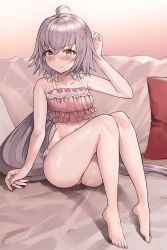 Rule 34 | 1girl, ahoge, ass, bad id, bad pixiv id, bare shoulders, barefoot, blush, breasts, closed mouth, collarbone, commentary request, fate/grand order, fate (series), feet, gradient background, grey hair, hair between eyes, highres, jeanne d&#039;arc (fate), jeanne d&#039;arc alter (fate), jeanne d&#039;arc alter santa lily (fate), knees up, legs, lingerie, long hair, looking at viewer, panties, pillow, pink panties, pout, puffy cheeks, revision, sitting, small breasts, solo, suou-sensei, underwear, very long hair, yellow eyes