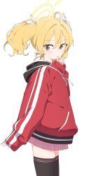 Rule 34 | 1girl, absurdres, ahoge, black skirt, black thighhighs, blonde hair, blue archive, closed mouth, finger in own mouth, hair between eyes, highres, hood, hoodie, jacket, light blush, long hair, long sleeves, looking at viewer, luke (dydansgur), pleated skirt, red jacket, simple background, skirt, sleeves past wrists, solo, standing, thighhighs, twintails, white background, yellow eyes, yoshimi (blue archive)