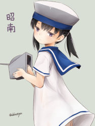 Rule 34 | 1girl, akino shuu, black hair, character name, closed mouth, cowboy shot, dress, grey background, hair between eyes, hat, kantai collection, long hair, machinery, purple eyes, rigging, sailor dress, sailor hat, short sleeves, shounan (kancolle), simple background, solo, turret, twintails, twitter username, white dress, white hat