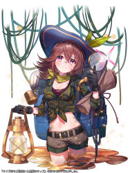 Rule 34 | 1girl, belt, belt buckle, black belt, black gloves, black shirt, blue hat, bound, breasts, brown hair, brown shorts, buckle, cleavage, closed mouth, cowboy shot, feathers, frown, gloves, green feathers, green jacket, hair between eyes, hat, hat feather, holding, jacket, kt. (kaisou-notagui), lantern, long hair, long sleeves, looking at viewer, mahou tsukai to kuroneko no wiz, medium breasts, midriff, navel, red eyes, shirt, short shorts, shorts, solo, standing, stomach, sun hat, tied up (nonsexual), torn clothes, torn shirt, wading, white background