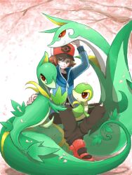 Rule 34 | 1boy, brown eyes, brown hair, closed mouth, creatures (company), evolutionary line, game freak, gen 5 pokemon, hat, hilbert (pokemon), jacket, male focus, mariemon, nintendo, petals, pokemon, pokemon (creature), pokemon bw, red eyes, serperior, servine, shoes, smile, snivy, tree