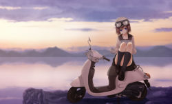 Rule 34 | 1girl, blurry, brown hair, cloud, convenient leg, depth of field, goggles, goggles on headwear, gradient background, helmet, loafers, looking at viewer, motor vehicle, mountain, original, outdoors, pleated skirt, purple eyes, reflection, school uniform, scooter, serafuku, shitou (4h), shoes, short hair, sidesaddle, sitting, skirt, sky, socks, solo, vehicle, water