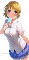 Rule 34 | 1girl, absurdres, blue skirt, blush, breasts, brown hair, collared shirt, cowboy shot, food, highres, holding, koizumi hanayo, leaning forward, looking at viewer, love live!, medium breasts, miniskirt, nakano maru, open mouth, pleated skirt, popsicle, purple eyes, shirt, short hair, short sleeves, simple background, skirt, solo, swept bangs, tareme, tongue, tongue out, twitter username, water drop, white background, white shirt