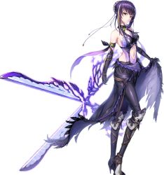 Rule 34 | 1girl, bare shoulders, boots, breasts, cleavage, cleavage cutout, closed mouth, clothing cutout, detached collar, elbow gloves, feet, full body, gloves, highres, holding, holding weapon, legs, looking at viewer, medium breasts, navel, purple hair, red eyes, scheele (unitia), scissors, solo, standing, thigh boots, thighhighs, thighs, transparent background, unitia, weapon