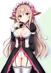 Rule 34 | 1girl, :q, animal ears, black dress, blonde hair, breasts, center opening, cleavage, dress, frilled cuffs, frilled thighhighs, frills, garter straps, green background, grey thighhighs, hair between eyes, heart, large breasts, leotard, long dress, long sleeves, maid headdress, minato yoshihiro, original, purple eyes, shadow, silver legwear, solo, thighhighs, tongue, tongue out, two-tone background, white background, white leotard, white thighhighs, zipper