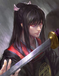 Rule 34 | 1boy, black hair, closed mouth, eyeshadow, grey background, hangleing, high ponytail, holding, holding sword, holding weapon, japanese clothes, long hair, looking at viewer, makeup, male focus, ootachi, ponytail, simple background, solo, sword, tarou tachi, touken ranbu, upper body, weapon, yellow eyes
