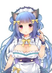 Rule 34 | 1girl, :o, animal ears, apron, artist name, bad id, bad pixiv id, blue hair, blunt bangs, borrowed character, bow, breasts, cat ears, cleavage, cleavage cutout, clothing cutout, colorized, double bun, expressionless, fork, frilled apron, frilled sleeves, frills, hair bow, hair bun, heart, highres, holding, holding fork, kazato fuuchi, large breasts, long hair, looking at viewer, maid, maid apron, maid headdress, mauve, name tag, neck ribbon, original, parted lips, pink eyes, puffy short sleeves, puffy sleeves, ribbon, short sleeves, simple background, solo, tareme, upper body, very long hair, waist apron, white background, wrist cuffs, yellow bow